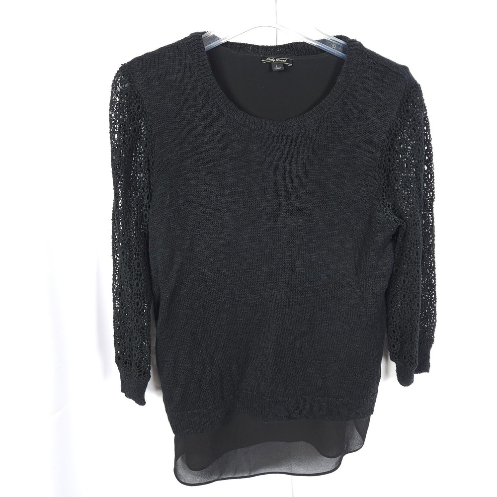 Lucky Brand Women's Large‎ Black Lace Sleeve Linen Cotton Sweater